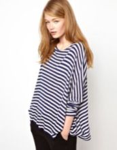 Wide collars and horizontal stripes only accentuate your broadness. And this one is boxy, not a good combo. A body hugging stripe top in a V or U neck works.
